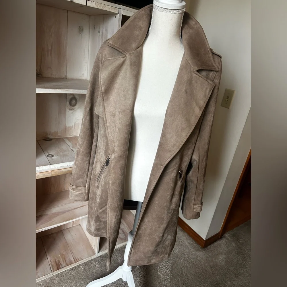 MAGASCHONI Tan Faux Suede Open Front Jacket Size Large - Picture 7 of 14
